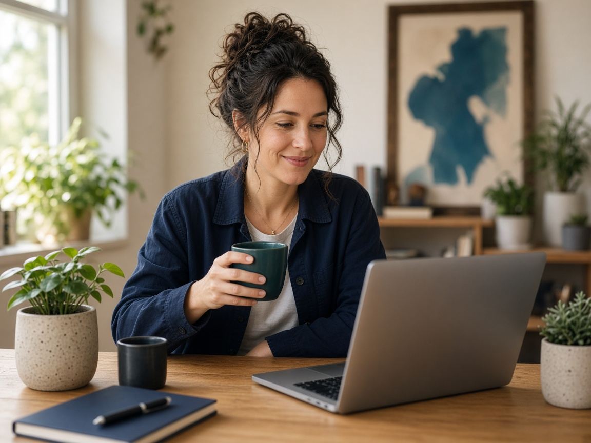 A small-business owner relaxing with a coffee at her laptop in a bright home office